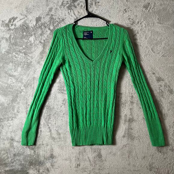 Vintage American Eagle Y2K Cable Knit V-Neck Sweater Kelly Green Size Medium - Picture 1 of 7